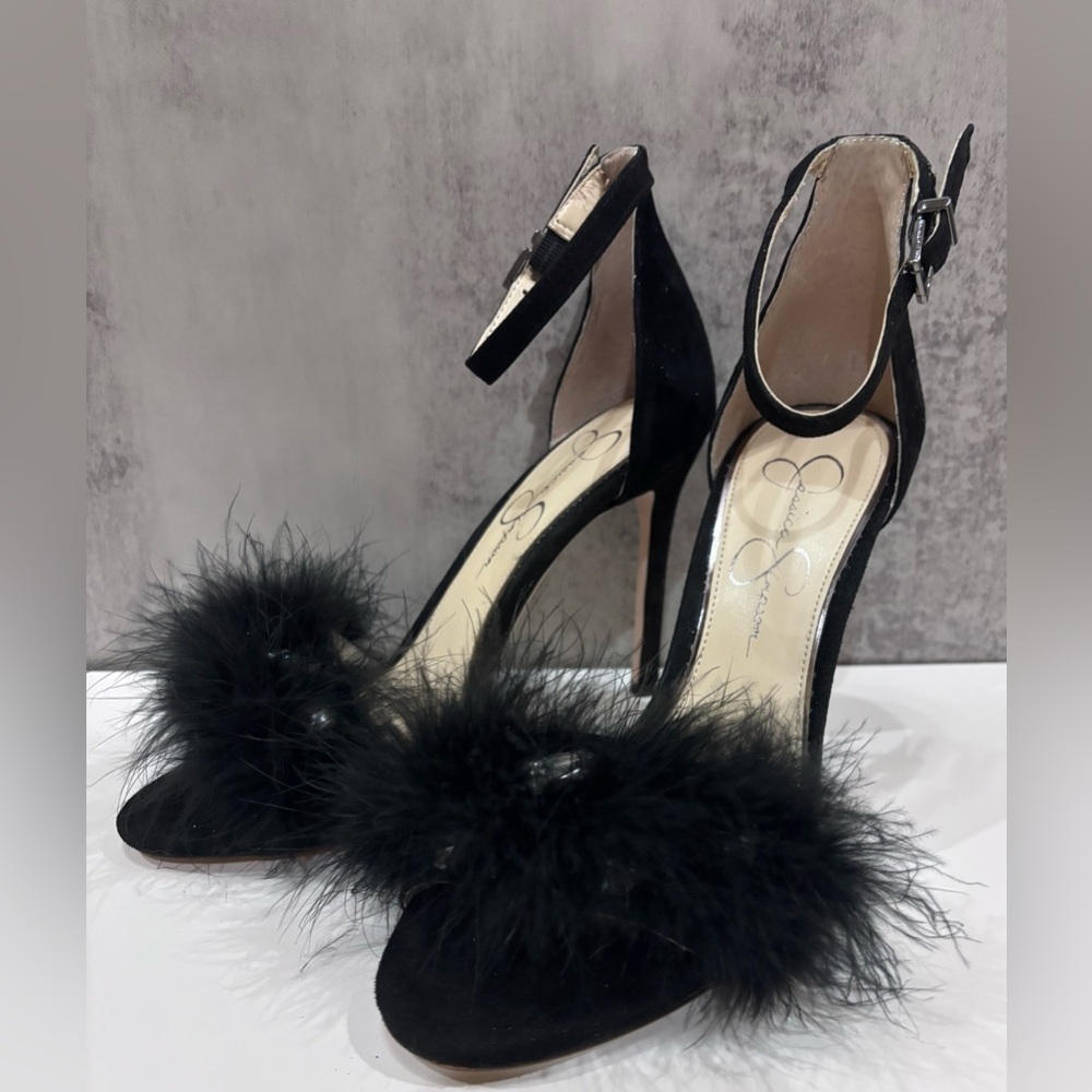 Jessica Simpson Black Feather Pearl Rhinestone Stiletto High Heels Size 7.5